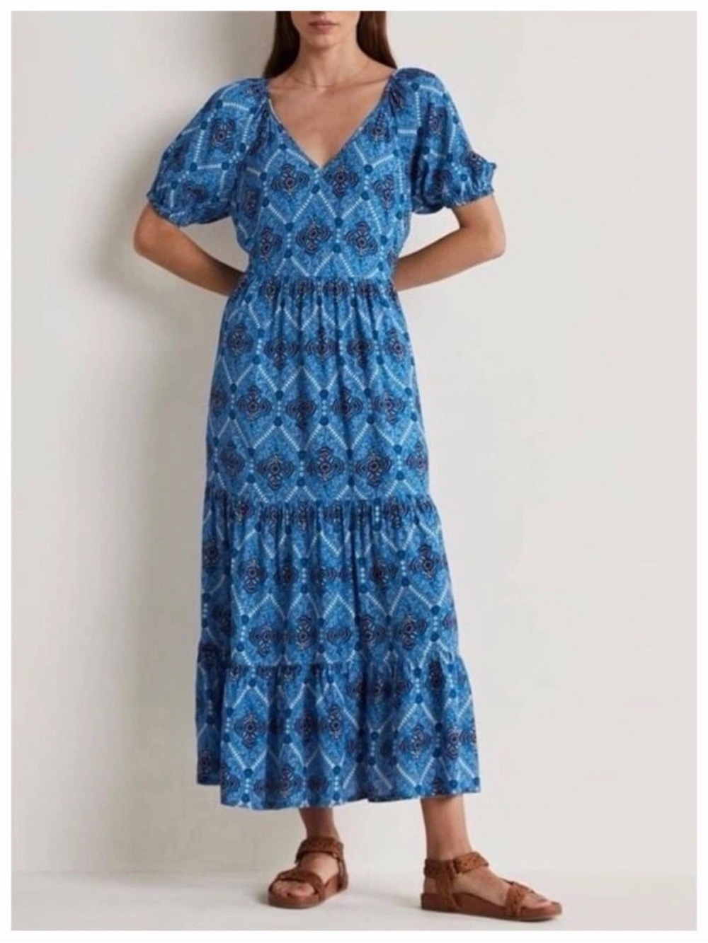 Boden 16/18 R V-neck Tiered Midi Dress Mosaic Blue Poppy Bloom